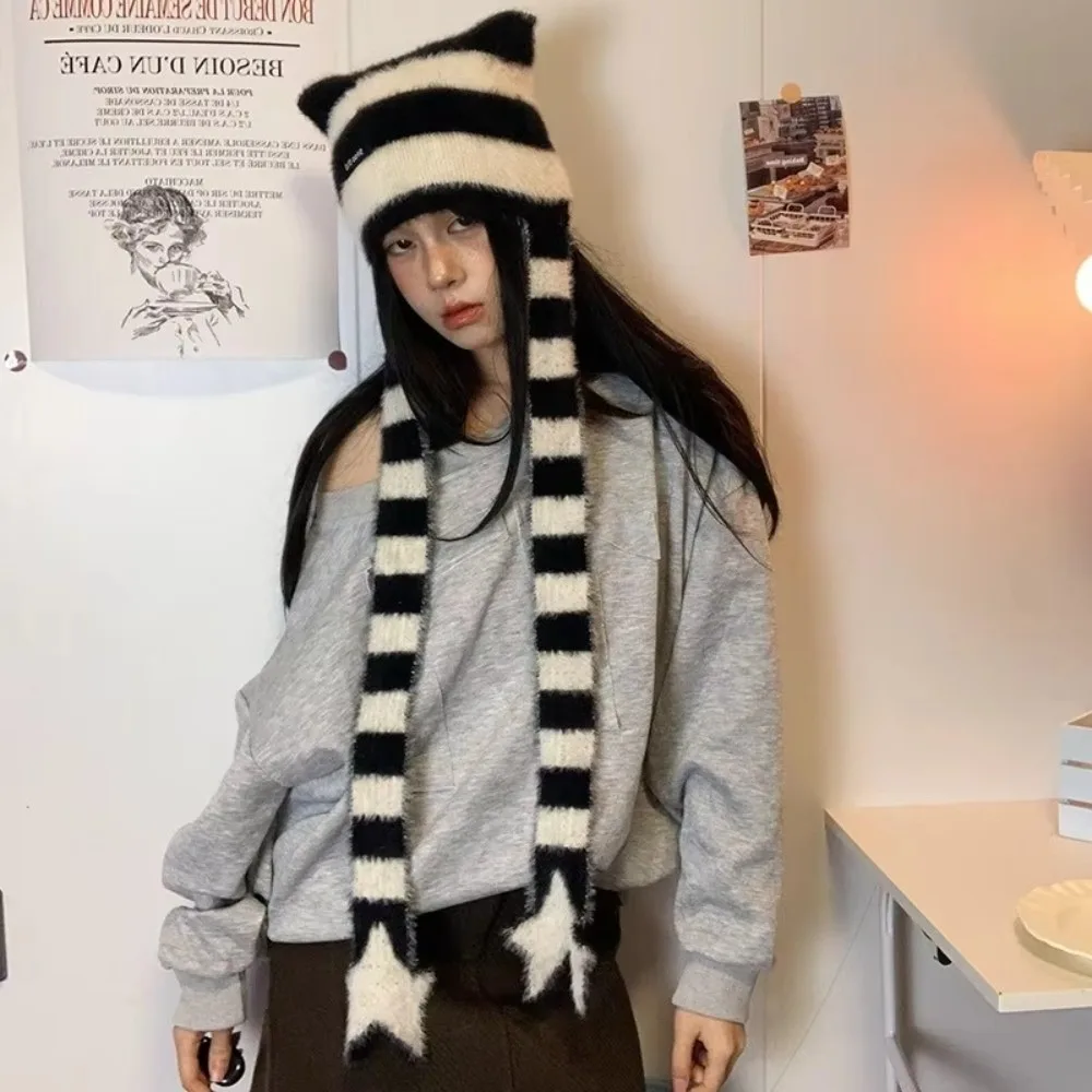 Y2K Style Black White Striped Knitted Hat Gradient Soft Star Pattern Hat Winter Warm Narrow Scarf for Girls