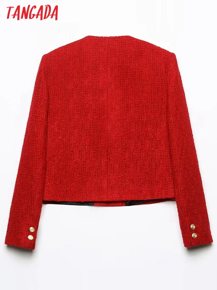 Tangada Spring Women Red Tweed Thick Suit Long Sleeve Pocket Female Crop Coat 6H454