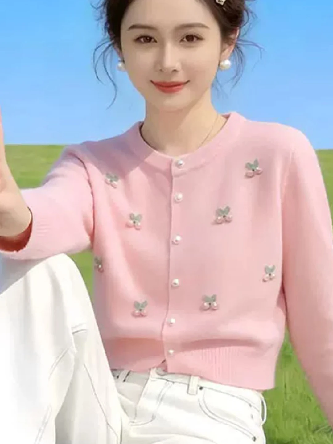 Soft Pink Women's Knitted Cardigan Sweater Fashionable Versatile Spring Autumn 2026 New Arrival Casual Style Polyester Fiber