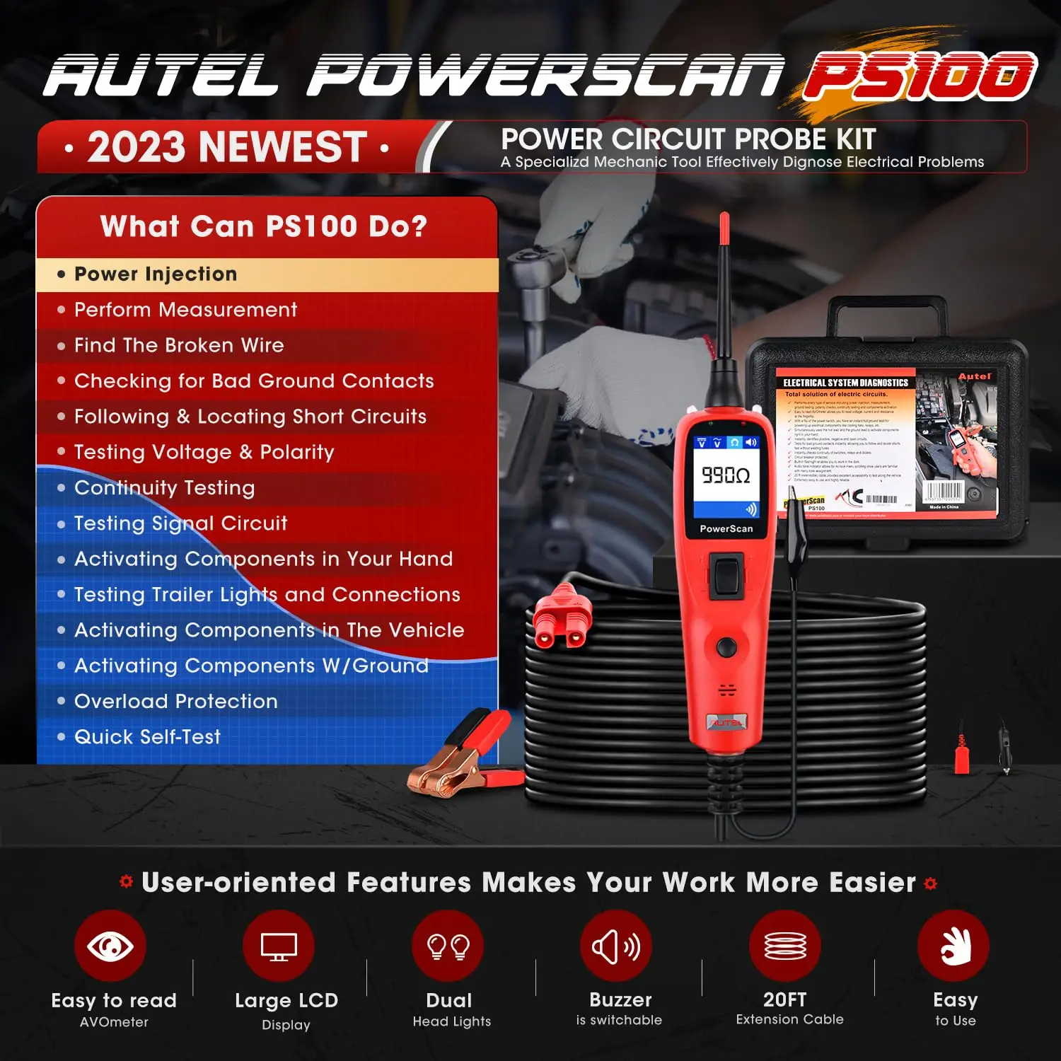 Autel PS100 Automotive Circuit Tester PowerScan Power Probe Test Kit Electrical System AC DC Voltage Car Diagnostic Tool 12V 24V