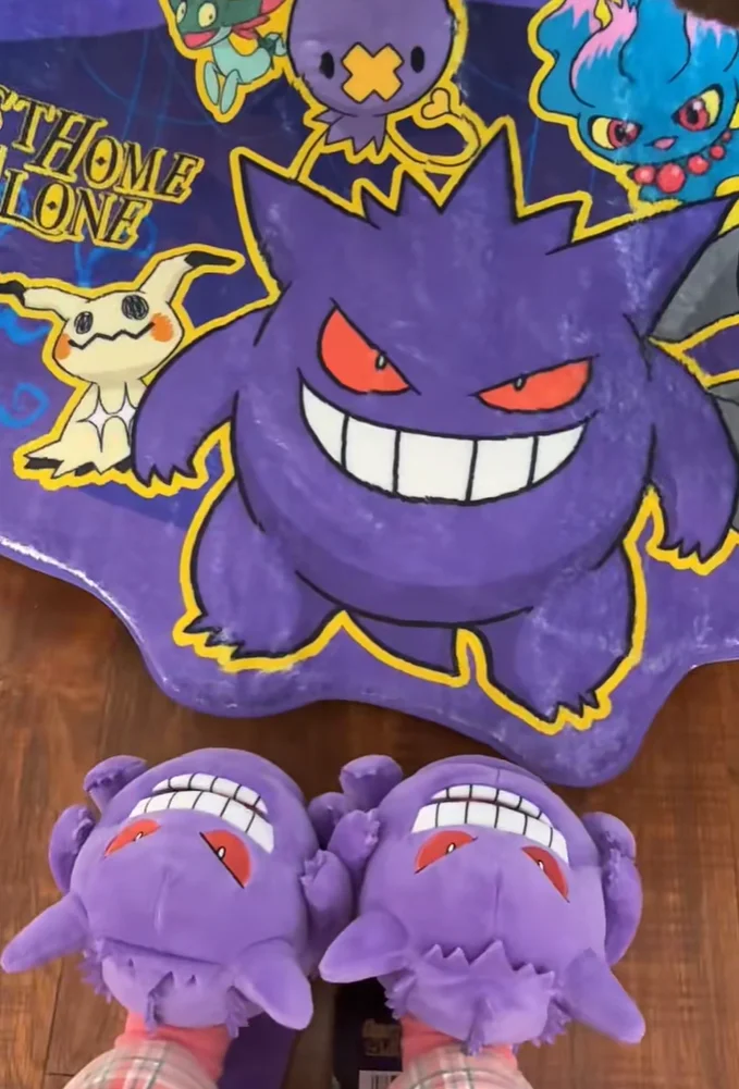

New PKM Gengar Slippers Cartoon Tongue Out Winter Warm Fuzzy Indoor Home Cute Novelty Shoes Collection Toy Gifts