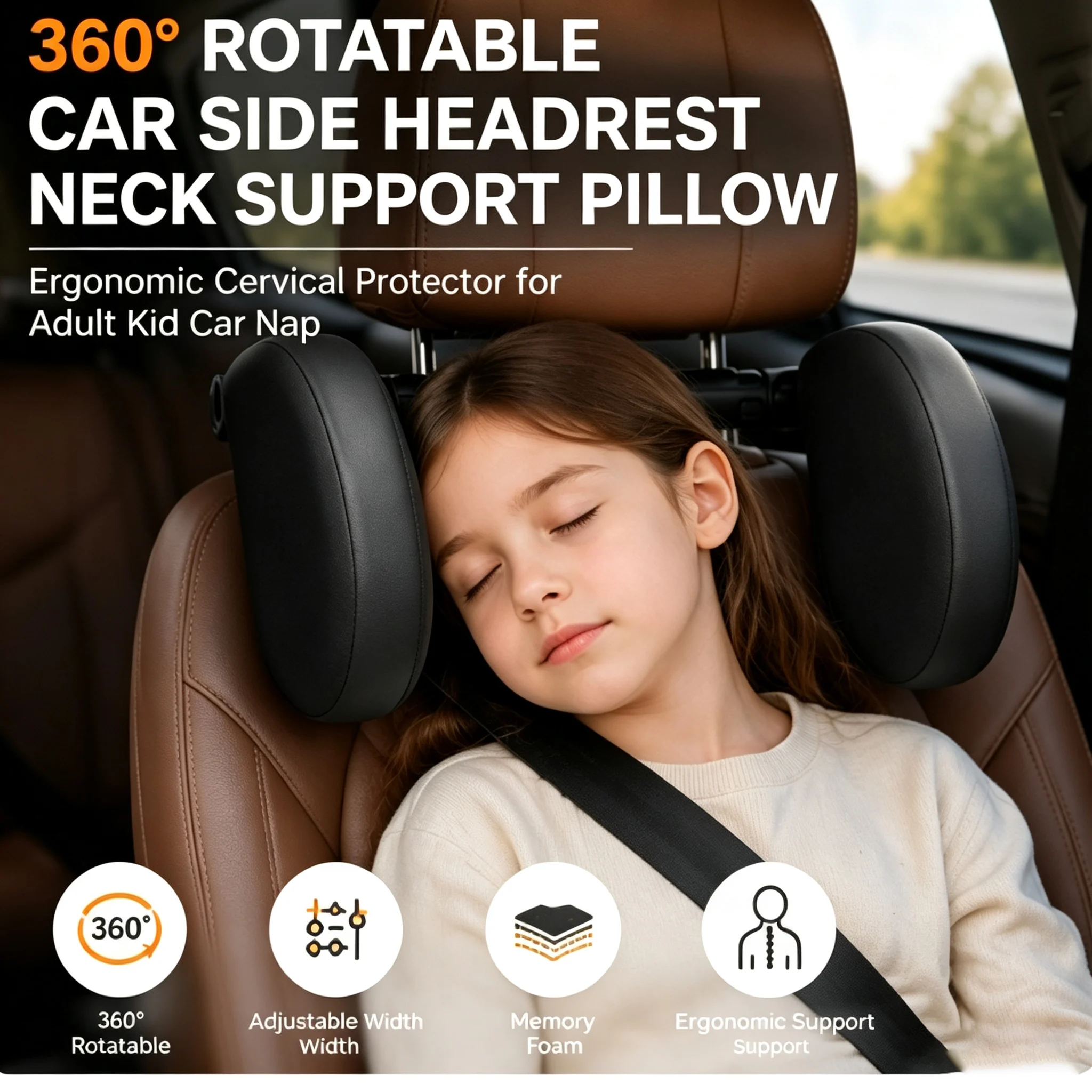 360° Rotatable Car Side Headrest Adjustable Width Neck Support Pillow Ergonomic Cervical Protector for Adult Kid Car Nap