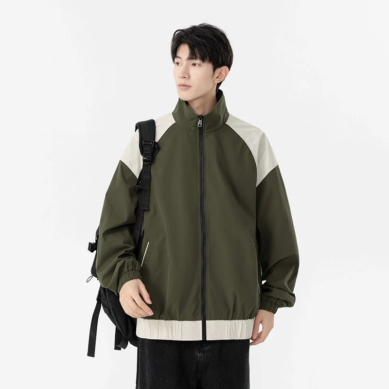 Spring Autumn Men's Patchwork Casual Zipper Jacket Outdoor Sports Coat Korean Windbreaker Jacket for Men Army Green Outerwear