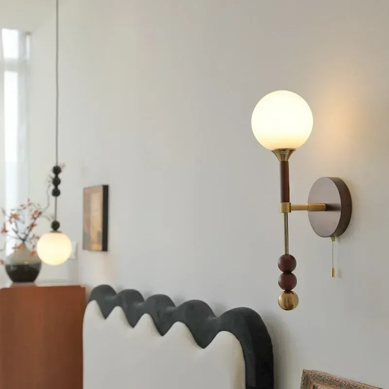 SANDYHA French Wall Lamp Wood Glass Bedside Lamp LED Background Light for Living Room Bedroom Dining Table Home Decor Lighting