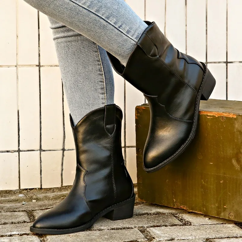 Botas occidentales de punta estrecha para mujer, zapatos de tacón grueso de tubo medio sólido, talla grande, gran oferta, Invierno