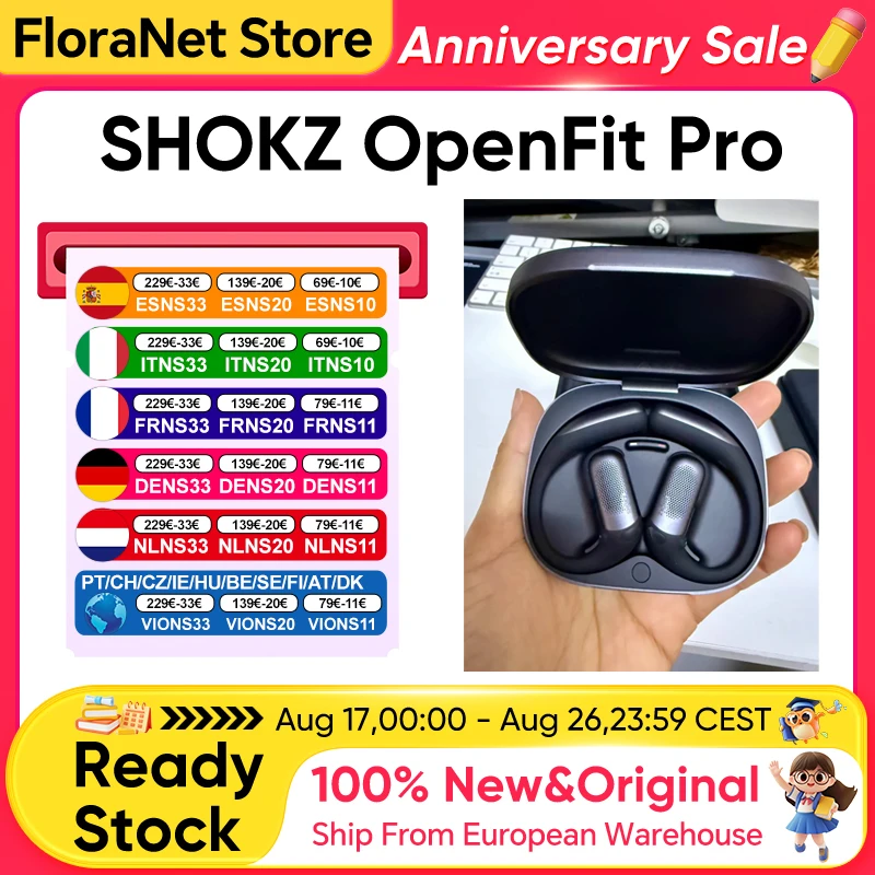 Original SHOKZ OpenFit Pro Open T010 Open-Ear Bluetooth-Kopfhörer SuperBoost ™     Open-Ear-Kopfhörer mit Geräuschunterdrückung, Dolby Atmos, Head-Tracking, 50 Stunden Akkulaufzeit, kabelloses Laden,