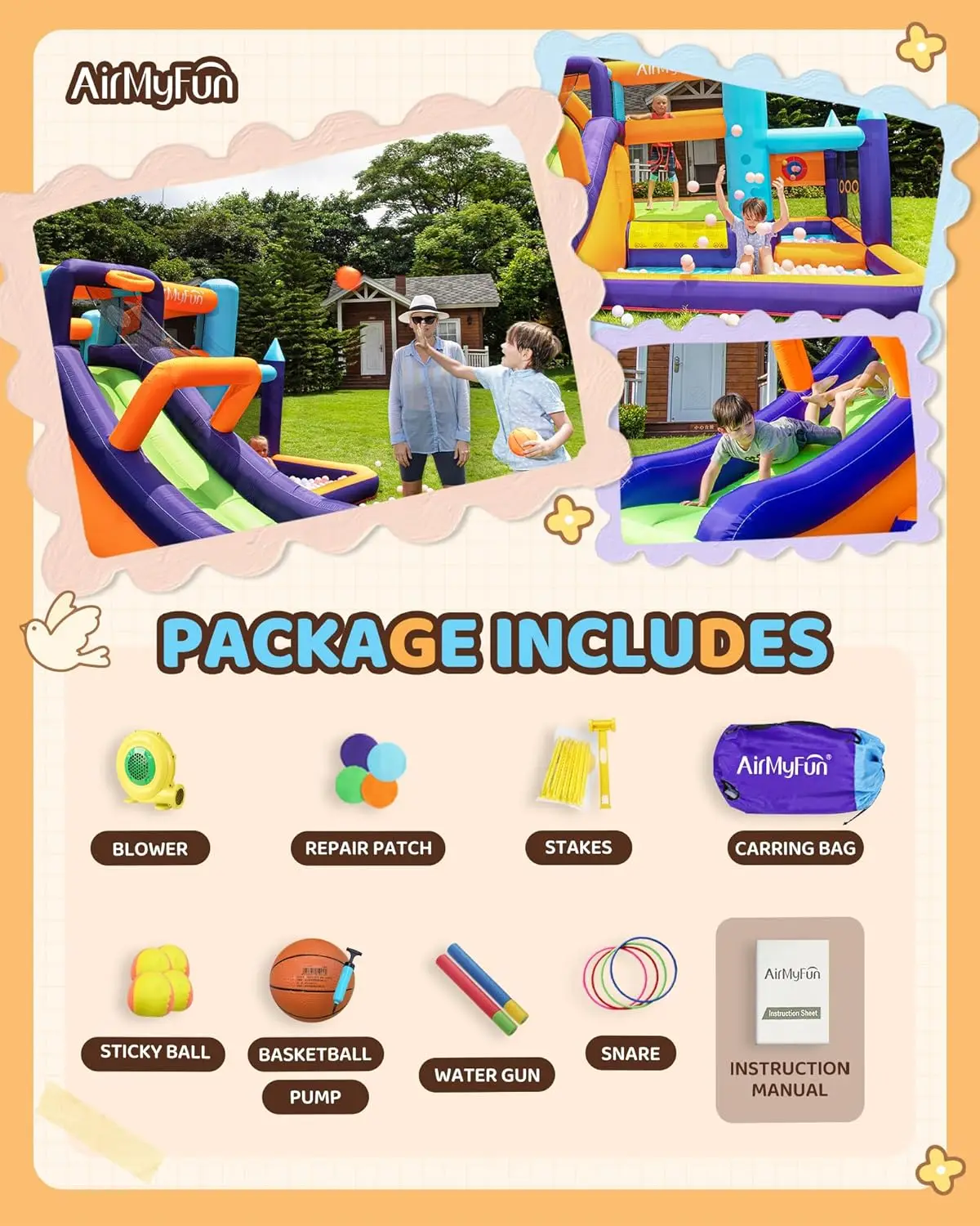 Inflatable Bounce House,Jumping Bouncer with Air Blower,Splash Pool to Play,Kids Slide Park for Outdoor Playing