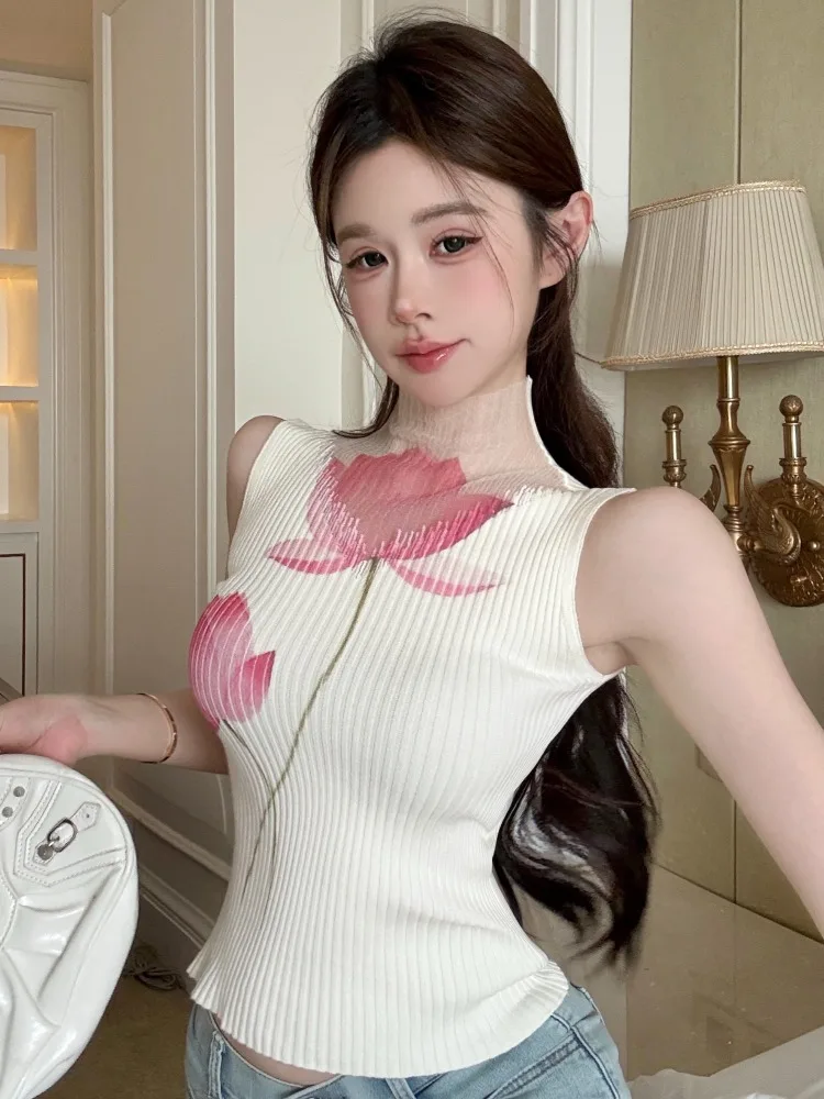 

Korean Style Spicy Girl High-End Floral Half-High Collar Vest Women's Summer New Knitted Top Fashionable Versatile