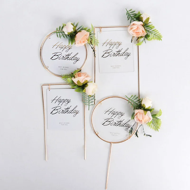 1Pcs Happy Birthday Decoration Cake topper With flowers Iron Cake Decoration  Kids Birthday Party DIY Decoration Supplies