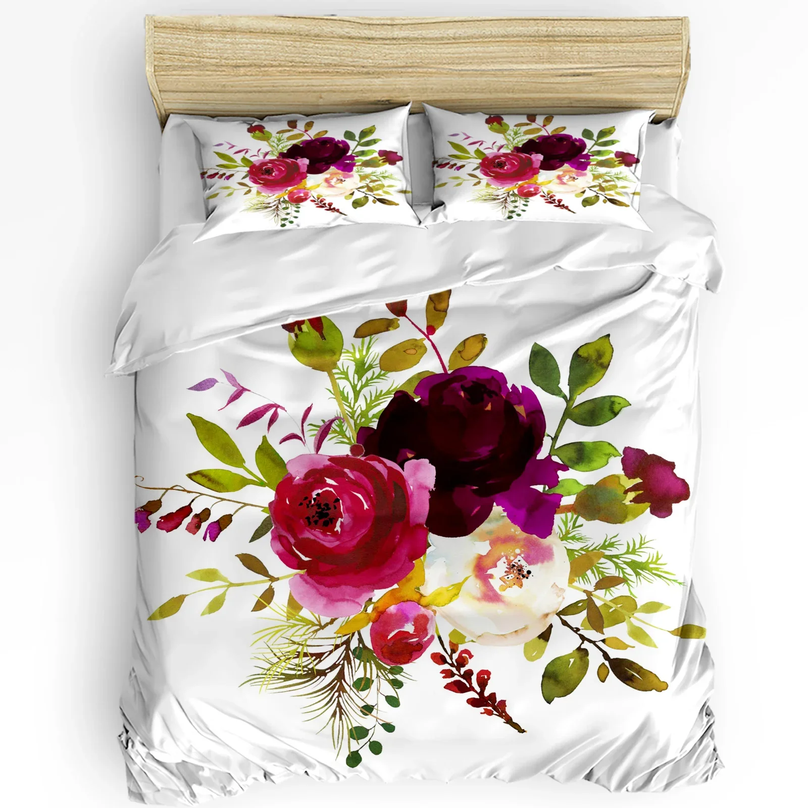 Peony Flower Leaves Watercolor 3pcs Bedding Set For Bedroom Double Bed Home Textile Duvet Cover Quilt Cover Pillowcase