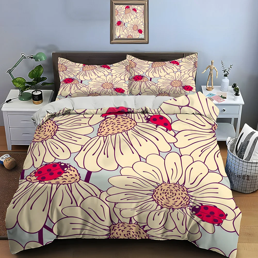 Ladybugs and Daisy Illustration Bedding Set for Kids Luxury Gift 3pcs Digital Print Comforter Set Soft Comfortable Breathable