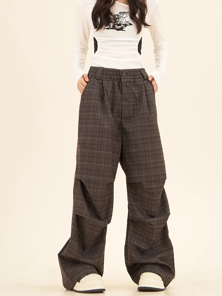 

Plaid Casual Pants Women's 2024 Autumn New Loose Bf American Retro Lazy Pleated Floor-mopping Trousers