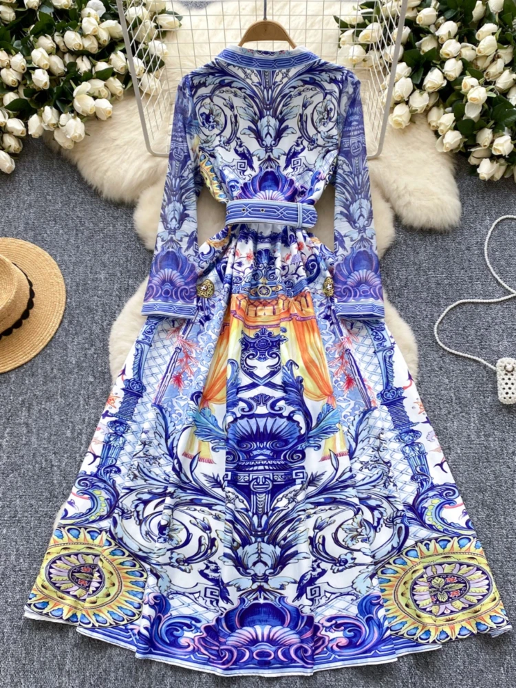 Maxi Belt Dresses for Women Korean Vintage Robe Femme 2024 Vestidos De Mujer Turn Down Collar Floral Bohemian Autumn Dress WJ