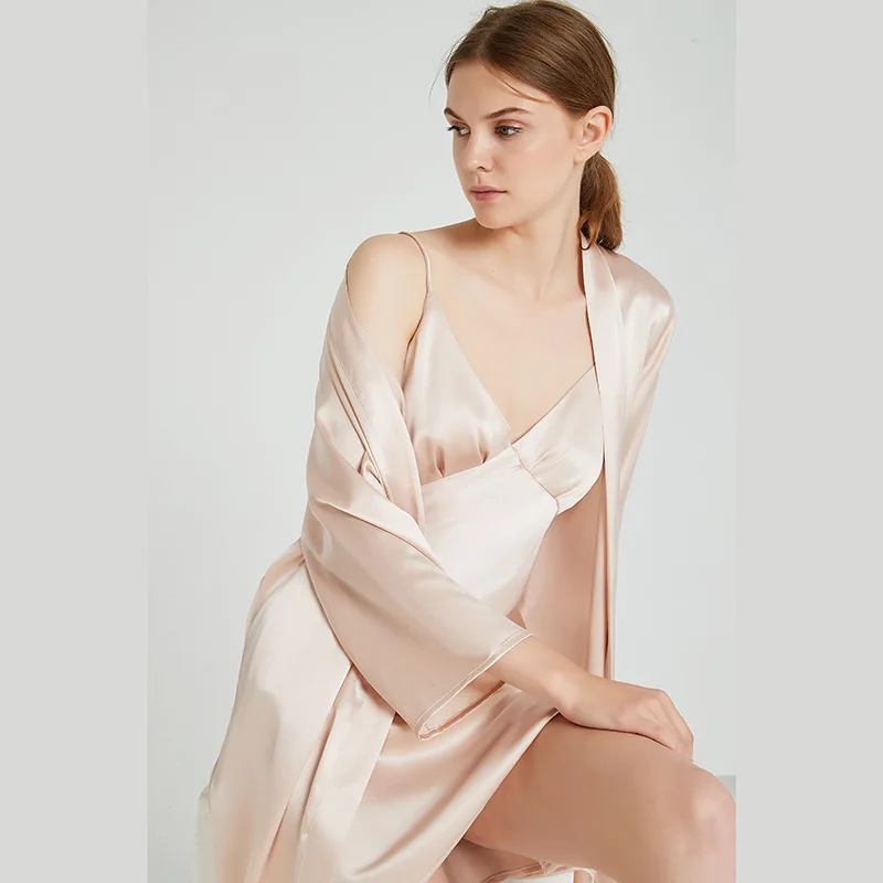 19 Momme Mulberry Silk Robe Set V-Neck Long Slip Nightgown 2PCS Luxury Sleepwear Loungewear for Women