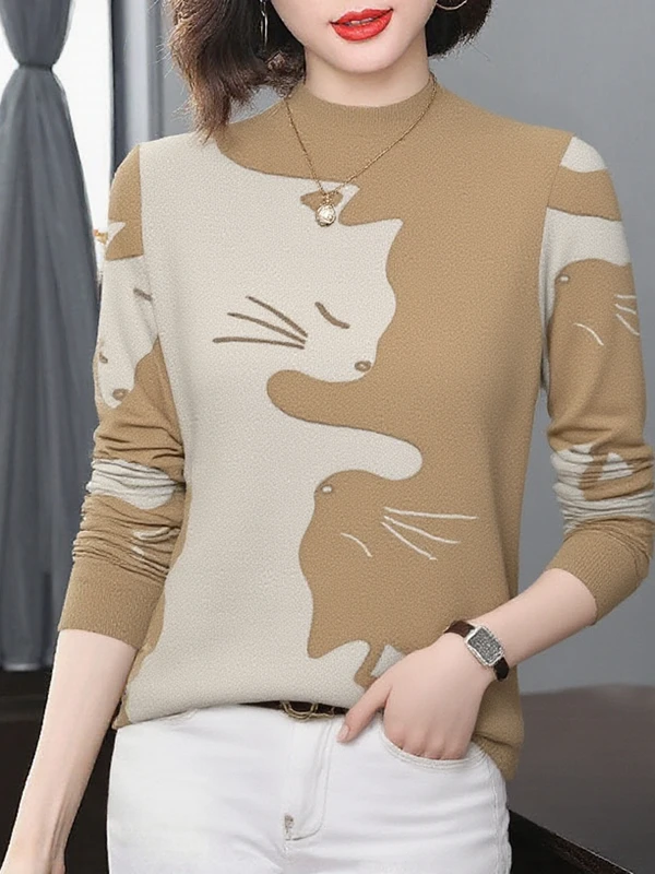 

Элегантная женская теплая базовая кофта с воротником-стойкой, длинным рукавом, принтом и утолщением, для женщин среднего возраста