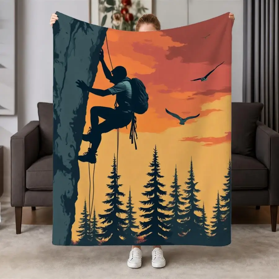 Adventure Climber Sunset Flannel Throw Blanket - Soft & Warm Fleece with Bold Silhouette Design, Ideal for Couch, Bed, Office & Travel, Perfect Gift for Nature Lovers, Machine Washable 2D Flat Weighted Blanket 280GS