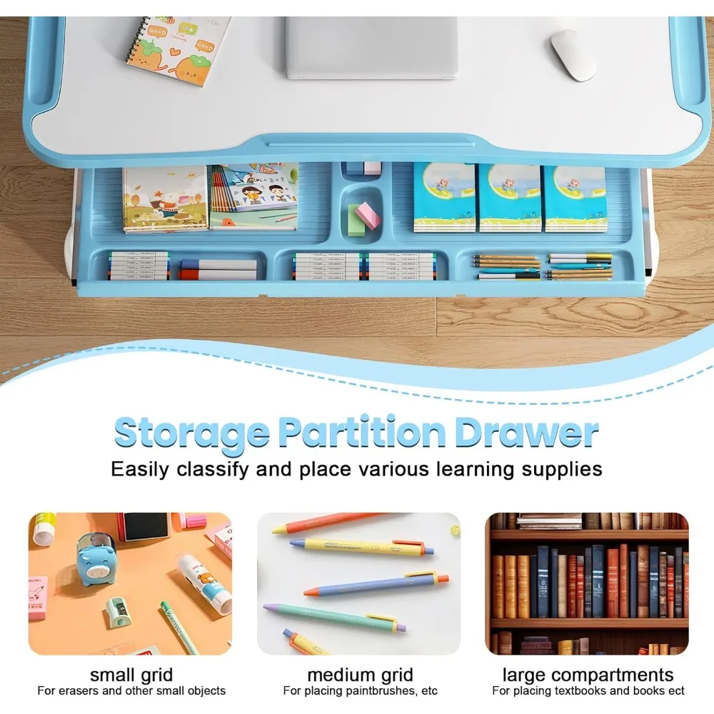 Zestaw biurka i krzesła dla dzieci - regulowane w wysokości ergonomiczne biurko do nauki z łatwą obracaną korbą, 50 °   Półka na biurko z możliwością nachylenia, szuflada do przechowywania