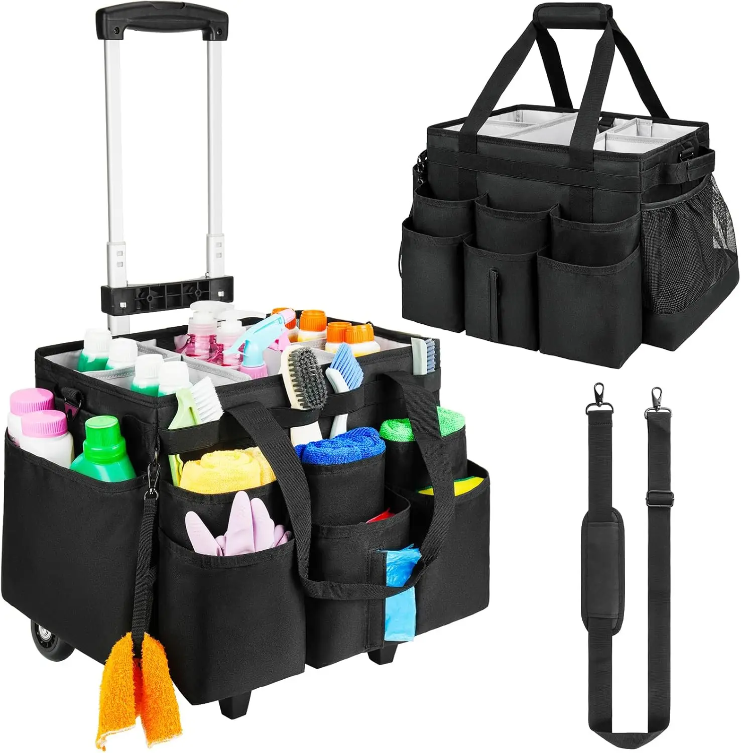 

Большая тележка-органайзер для уборки с отсоединяемой тележкой и плечевым ремнем, для уборщиц, черная