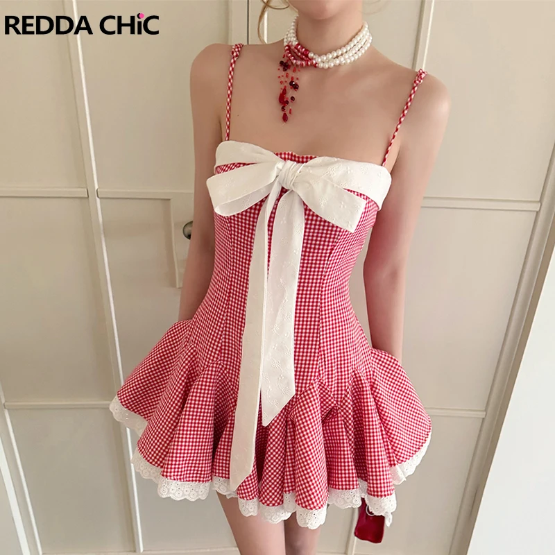 

Женское платье-корсет ReddaChic с лентами, квадратным вырезом, открытой спиной, плиссировкой, кружевной отделкой, мини, в стиле кокетка, винтажное