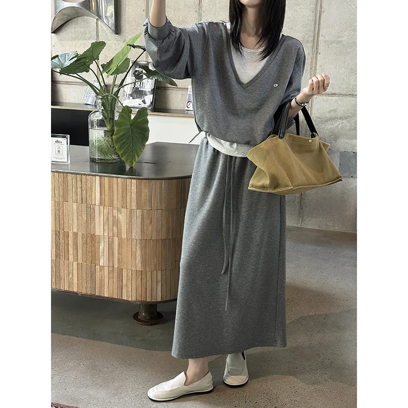

Vintage Casual Sweatshirt Skirt Fashion Set 2025 Autumn New Loose Pullover Long Sleeve Top for Women
