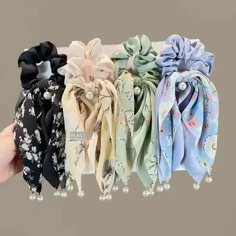 Cinta Larga con estampado elegante para mujer, bandana elástica de satén para cola de caballo, lazo para niña, bandas para el cabello con perla, lazo para el cabello bohemio