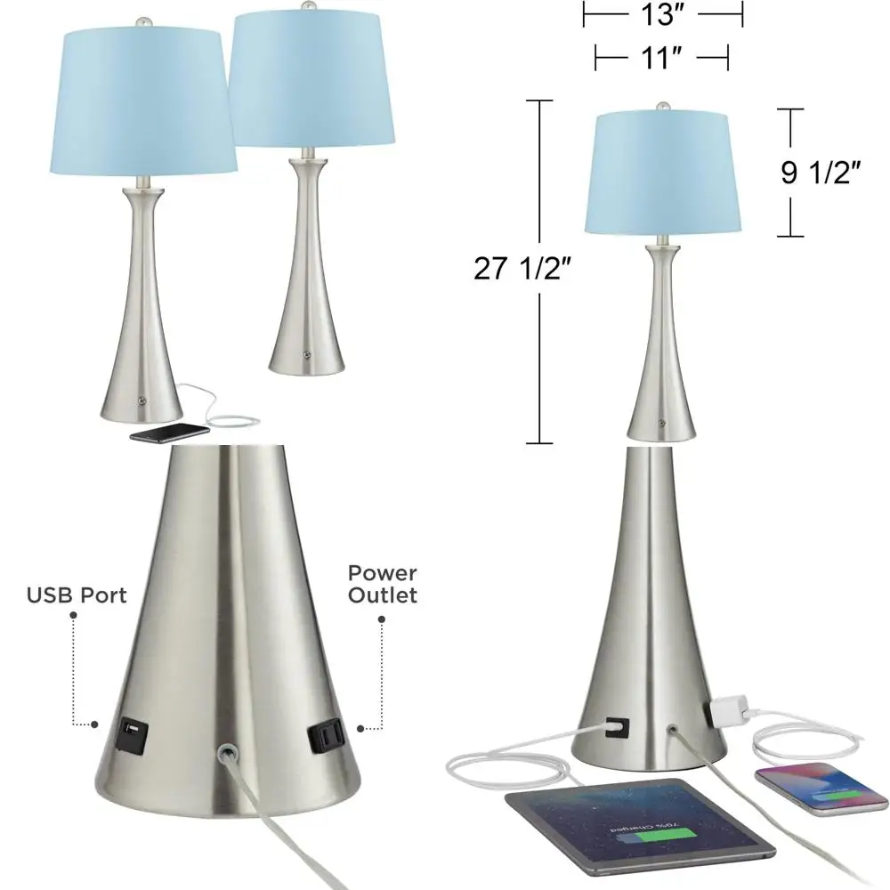 Современные настольные лампы высотой 27,5 из 2 штук с USB и розеткой переменного тока, матовый никель, металл, синий твердый переплет, современное освещение