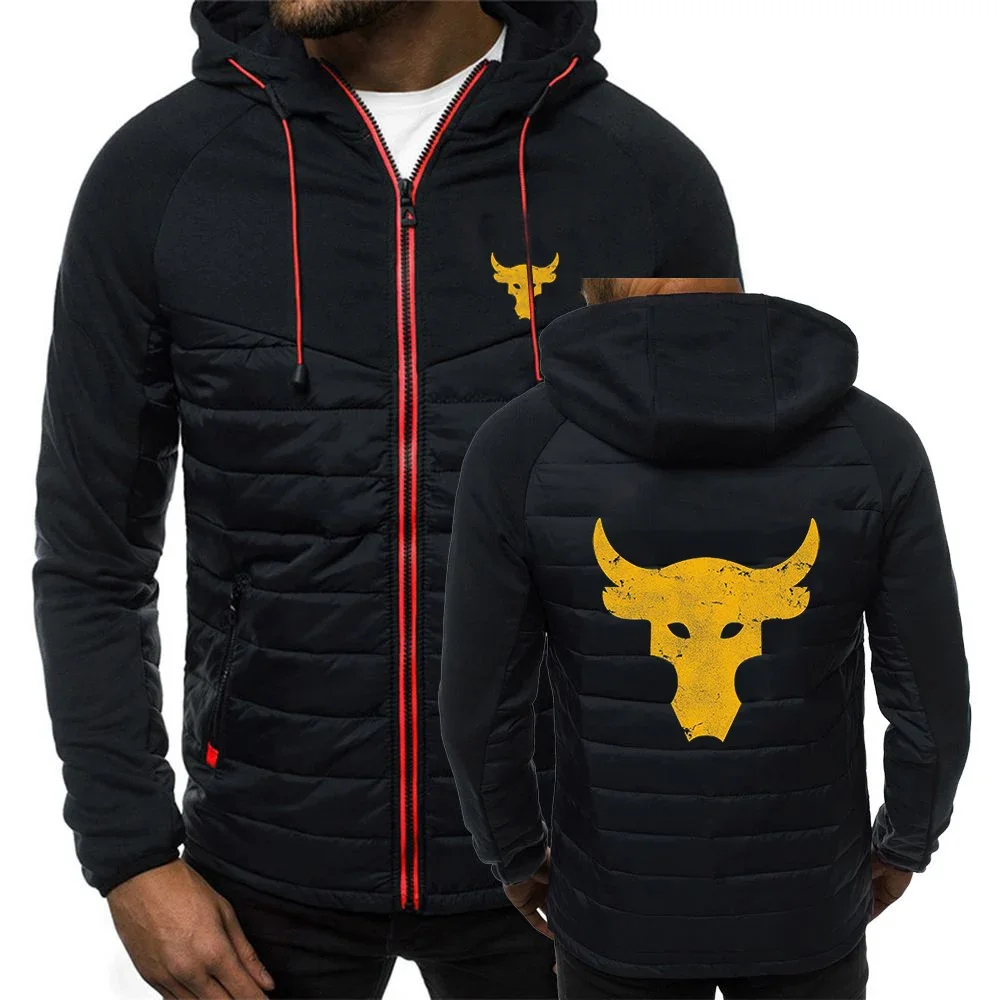 Dwayne Johnson Brahma Bull Tattoo Logo Print Spring Autumn Men's Harajuku Classic Solid Color Patchwork Zip Hooded Cotton Jacket