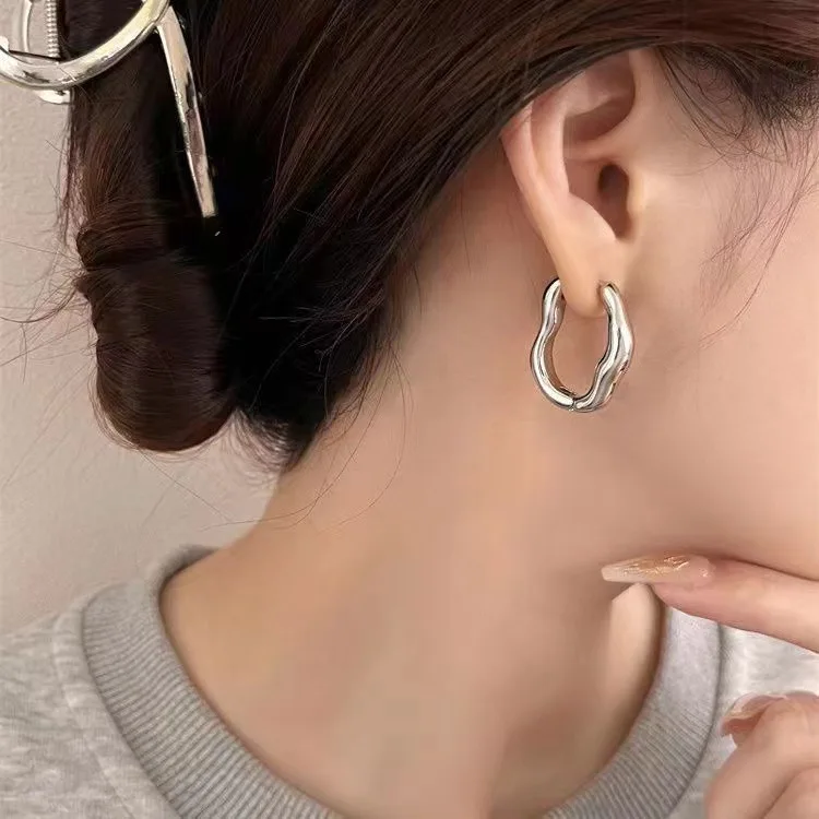 Vintage Irregular Wavy Hoop Earrings For Women New Trendy Geometry Round Circled Earring Minimalist Stainless Steel Jewelry Gift