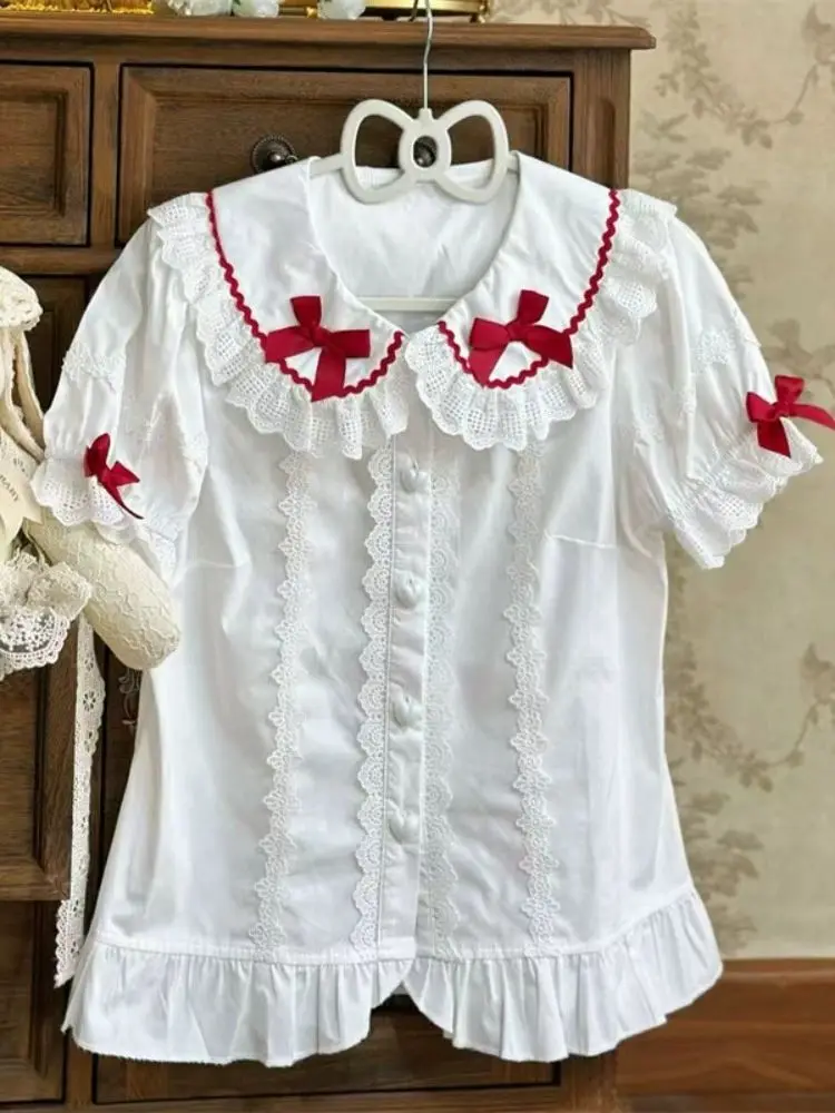 Japanese Sweet Lolita Blouse Women White Short Sleeve Ruffle Black Bow Casual Top Retro Kawaii Subculture Afternoon Tea Outfit view 4