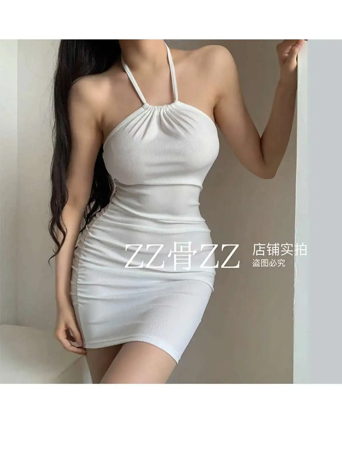 Dulce nueva chica elegante estilo Sexy cuello colgante estilo puro deseo fino envuelto cadera Vestido corto elegante caliente Sexy mujeres Tops 19XZ