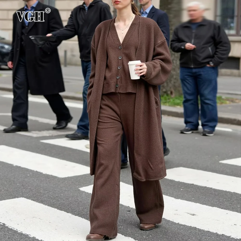 

VGH Solid Three Piece Set for Women V Neck Long Sleeve Cardigan Sleeveless Vest High Waist Straight Pant Casual Suit Female New