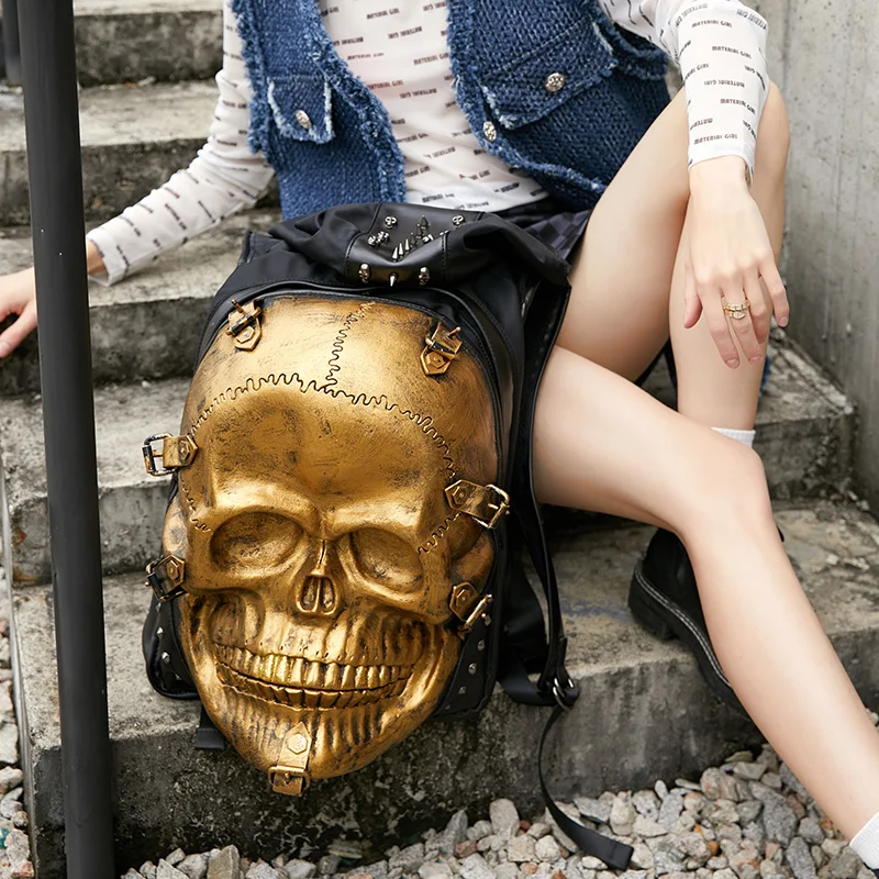 Men's 3D Gothic Skull Backpack Women Punk Leather Backpacks With hood For Teenagers Large Capacity Gril Laptop Male Travel Bag