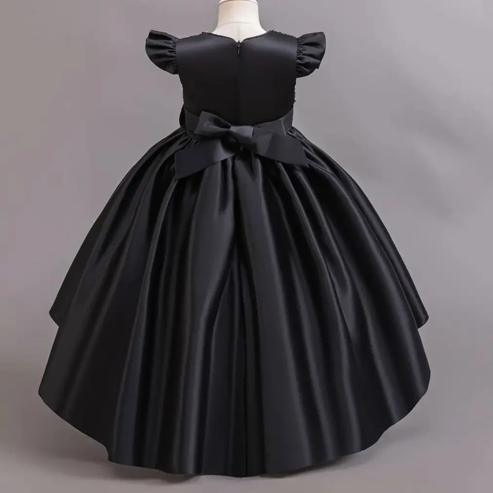 Girls Black Gown Flying Sleeve Sequins Trailing Princess Dress For Children Wedding Formal Evening Birthday Party Prom Vestidos
