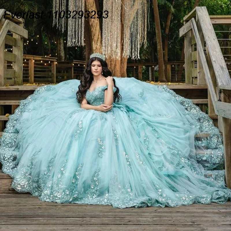 

EVLAST Customized Mexican Mint Quinceanera Dress Ball Gown Floral Lace Applique Beading Bow Sweet 16 Vestido De 15 Anos E1Q54