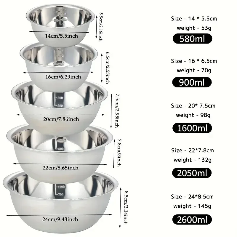 5, stainless steel mixing bowl, cooking bowl, very suitable for cooking, baking, home kitchen cooking basin, fruit bowl, noodle