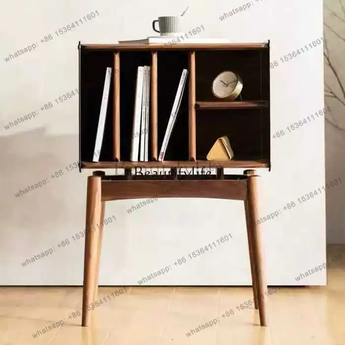 Factory Direct  Nordic Magazine Cabinet Book Vinyl Record Player Solid Wood Black Walnut Side Cabinet Wabi Sand Acrylic Plate