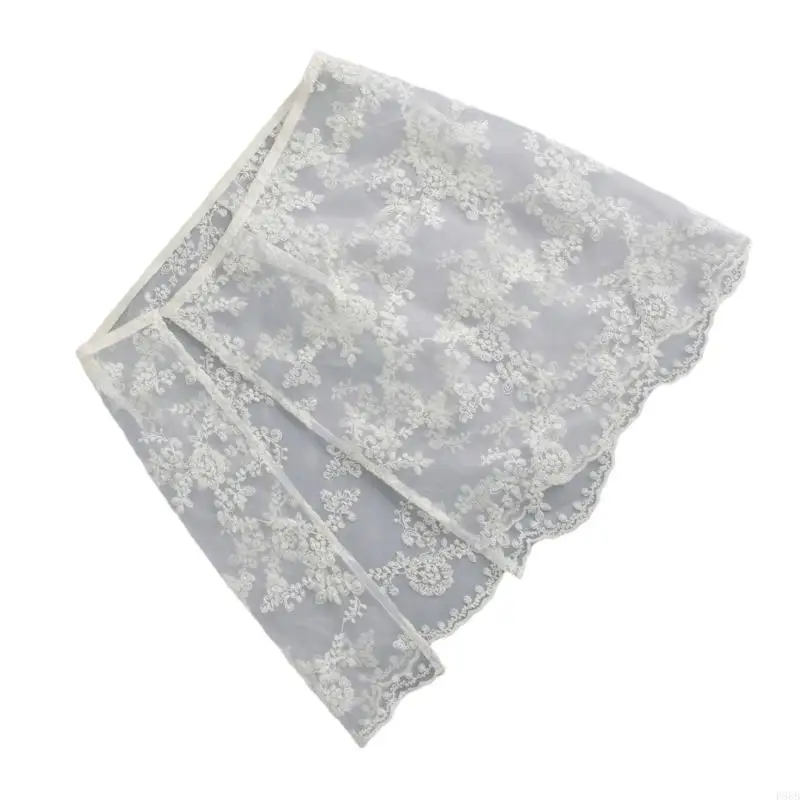 P88B Korean Embroidery Flower Lace Scalloped Short Apron Skirt Button Sheer Hip Scarf