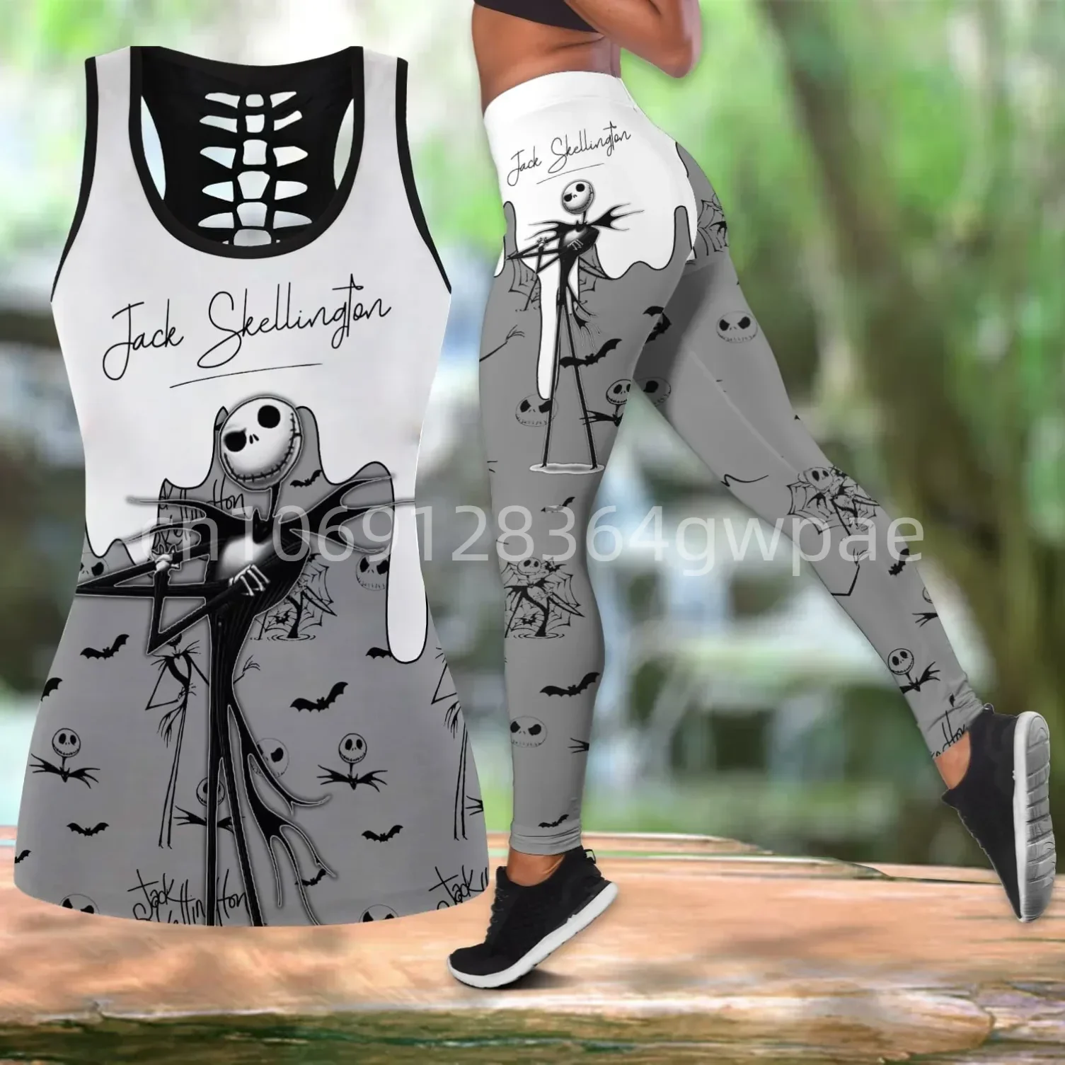 Disney Jack Skellington Women Cutout Tank Top Leggings Yoga Set Summer Fitness Tracksuit Hollow Tank Top Leggings Set