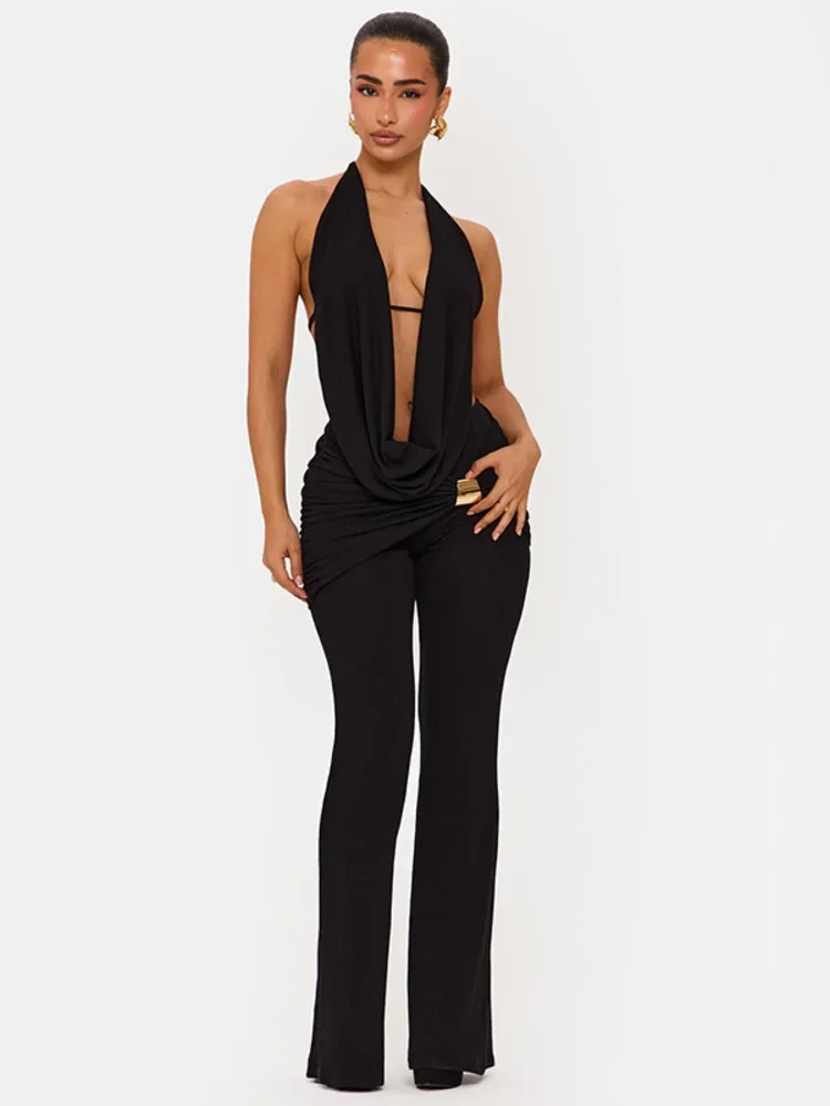 

Hollow Out Sexy Long Pants Set Women Halter Deep V Neck Crop Top And Trouser Matching Sets Female Sexy Skinny Set