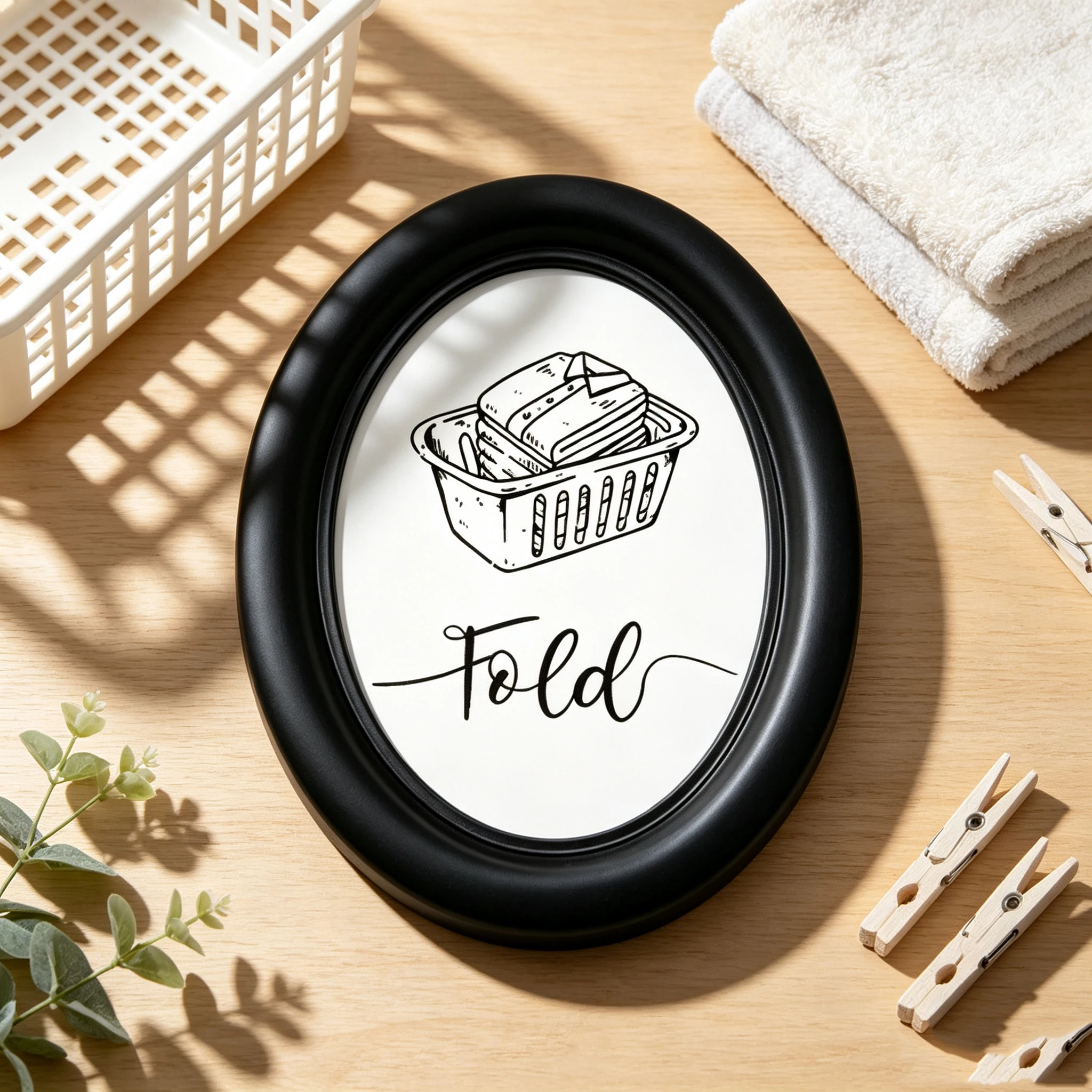 Minimalist Laundry Room Sketch Stylish Wooden Elliptical Photo Frame, Perfect for Home & Holiday Decoration, Great Gift Choice