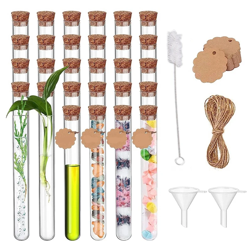 30 Piece Plastic 20Ml Test Tubes With Cork With Kraft Paper Attachment(150X16mm) For Flowers