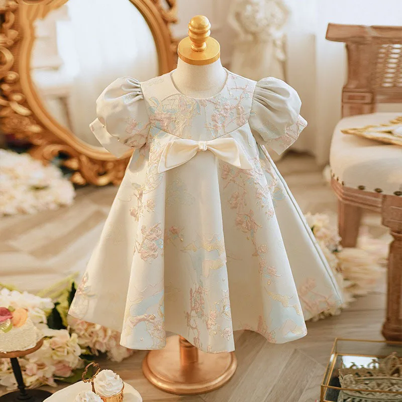 New Short-Sleeve Bowknot Embroidered Princess Dress for Girls' First Birthday Party