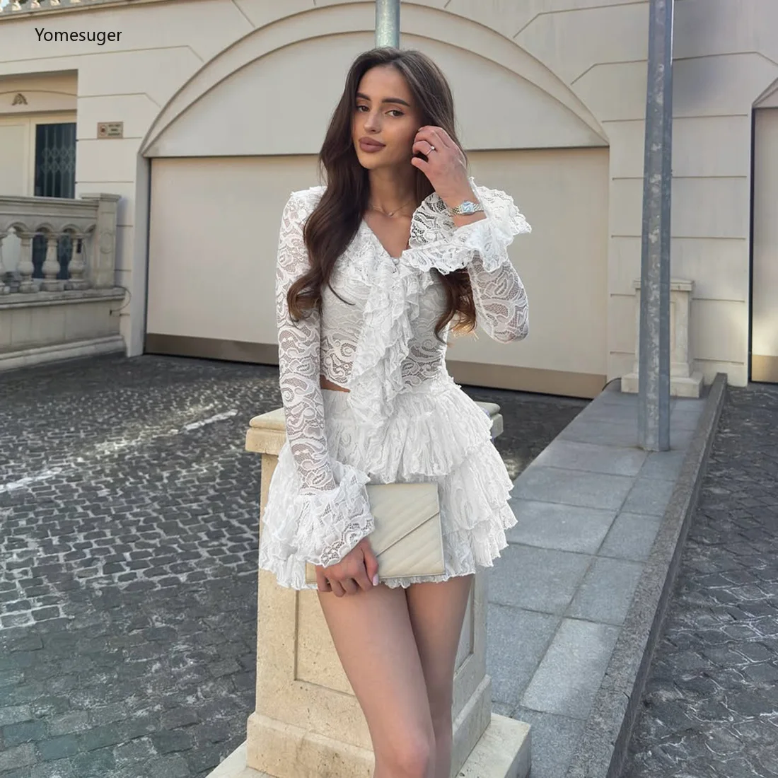 

Yomesugar Sexy Lace 2 Piece Set Woman Autumn Trend V-Neck Full Sleeve Ruffled Tops and Layered Skirt Matching Party Club Outfits