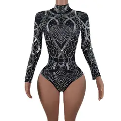 Nightclub Women Crystals Elastic Leotard Silver Rhinestones Long Sleeve Bodysuit Bar DJ Singer Jazz Dance Team Costume Heihuan