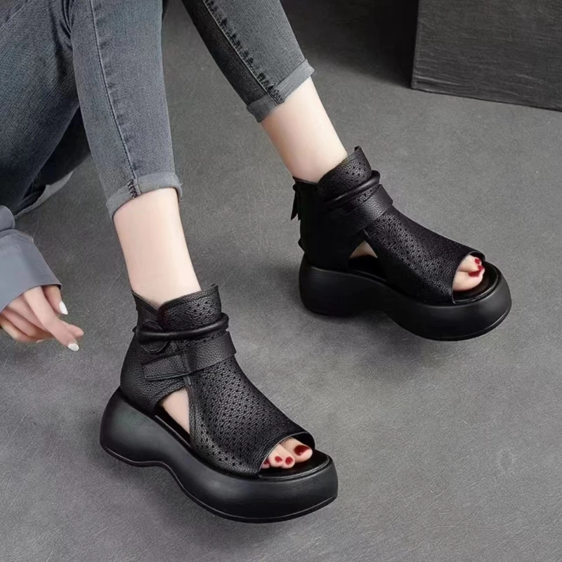 2024 Retro Soft PU Leather Ladies Cool Boots Fashion Women Sandals Summer Fish Mouth Sandals Wedges Mid Heels Shoe Sandalias