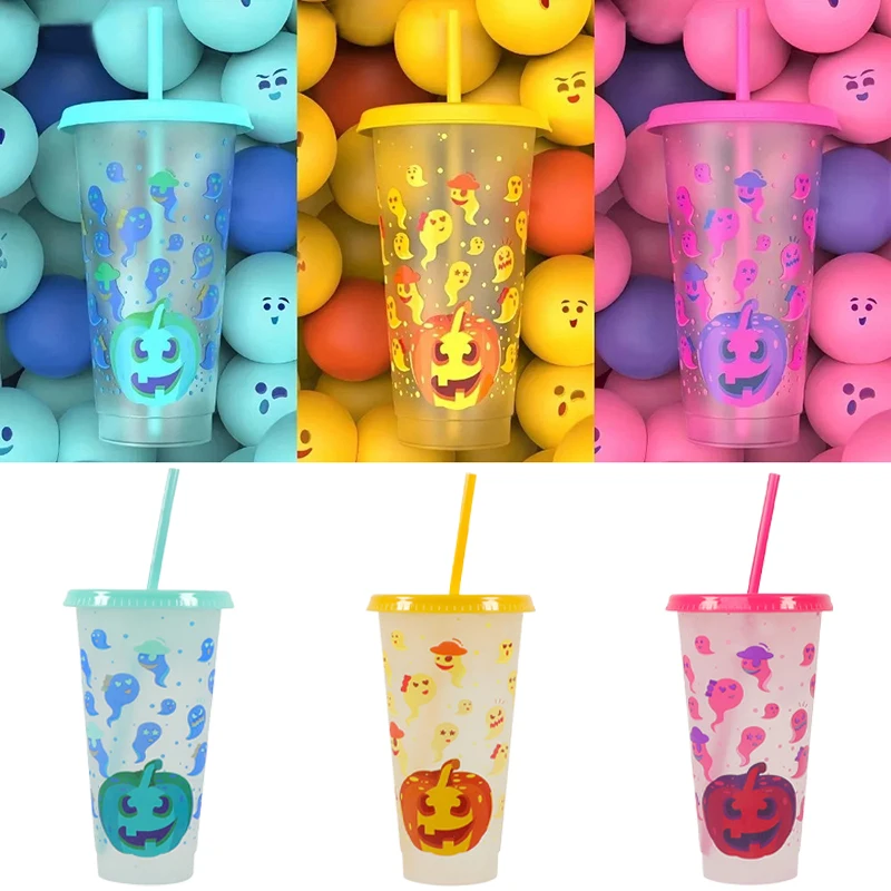 710ml/24oz Color Changing Tumbler With Lid And Straw Cartoon Water Bottle Horror Plastic Halloween Pumpkin Cup Drinkware