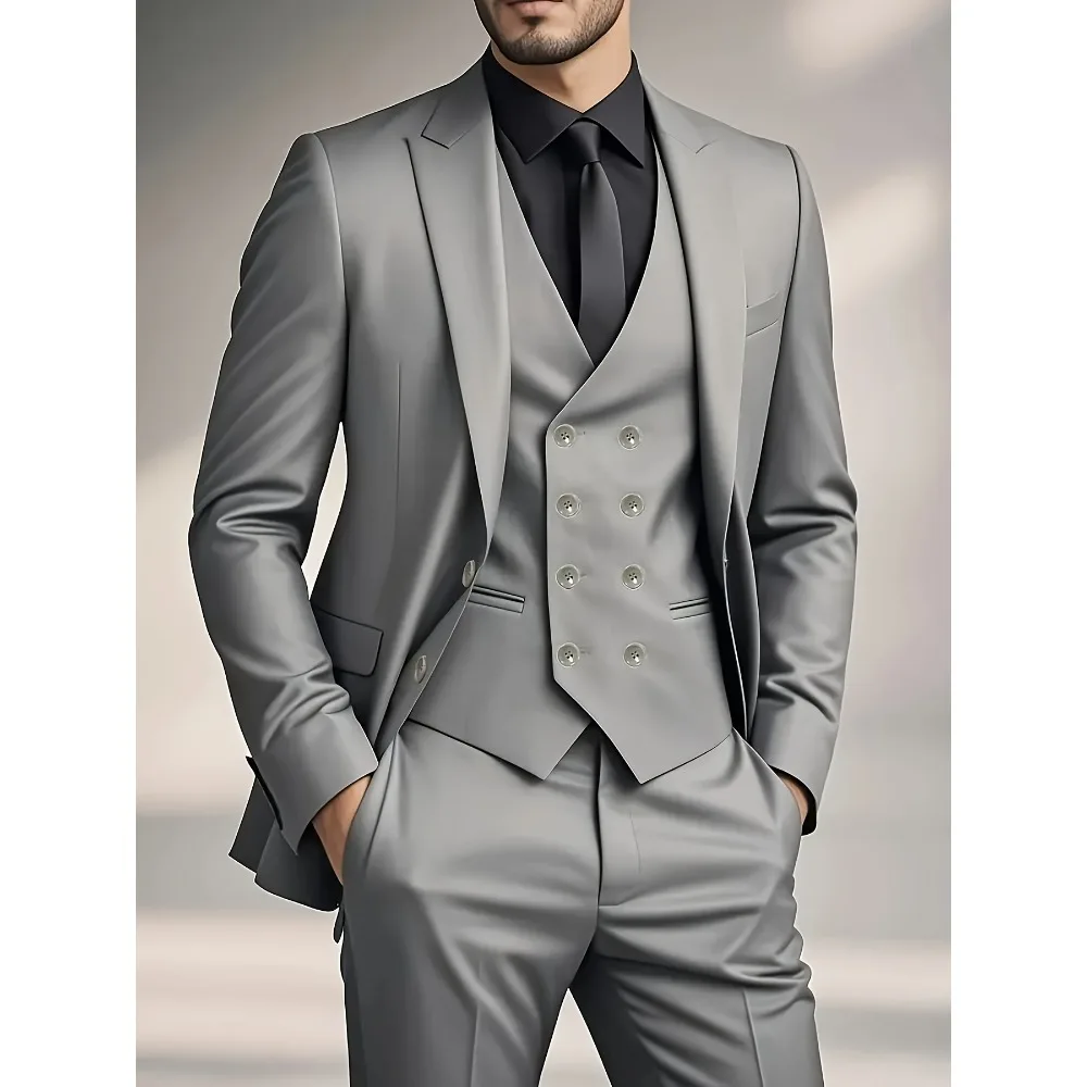 

Серый костюм-тройка облегающего кроя с двубортным жилетом, официальный дизайн для деловых, свадебных и вечерних мероприятий