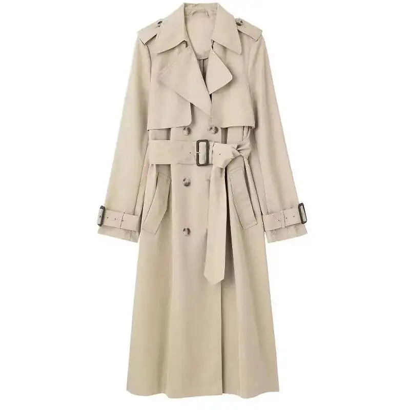 

Women's Fashion Autumn Slim Trench Solid Turn-Down Collar Long Sleeves Belt Decoration Double Breasted Female Coats