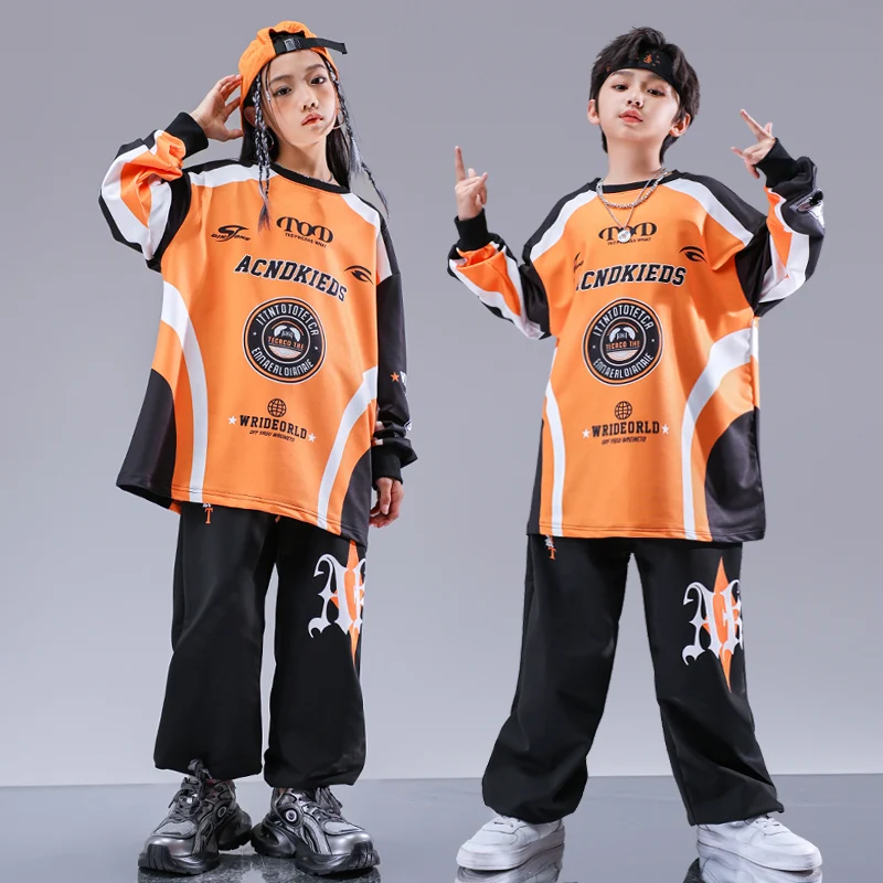 Kids Kpop Hip Hop Clothing Orange Print Sweatshirt Black Casual Cargo Pants Streetwear for Girl Boy Jazz Dance Costume Clothes