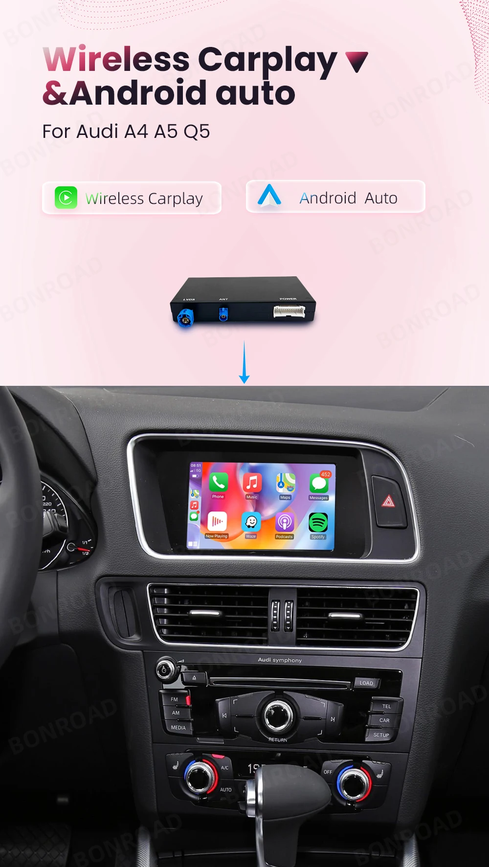 Bonroad kabelloses carplay android auto interface für audi a4 b8 a5 q5 2013-2018 mit airplay spiegel verbindung – Detail 1